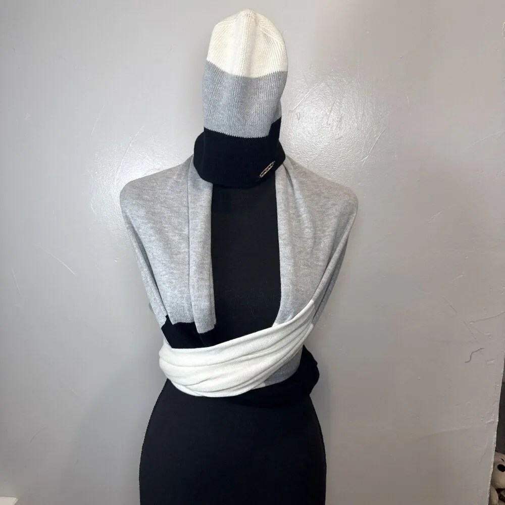LDT Cap and Scarf Cashmere Blend Cream Black Gray Stripe